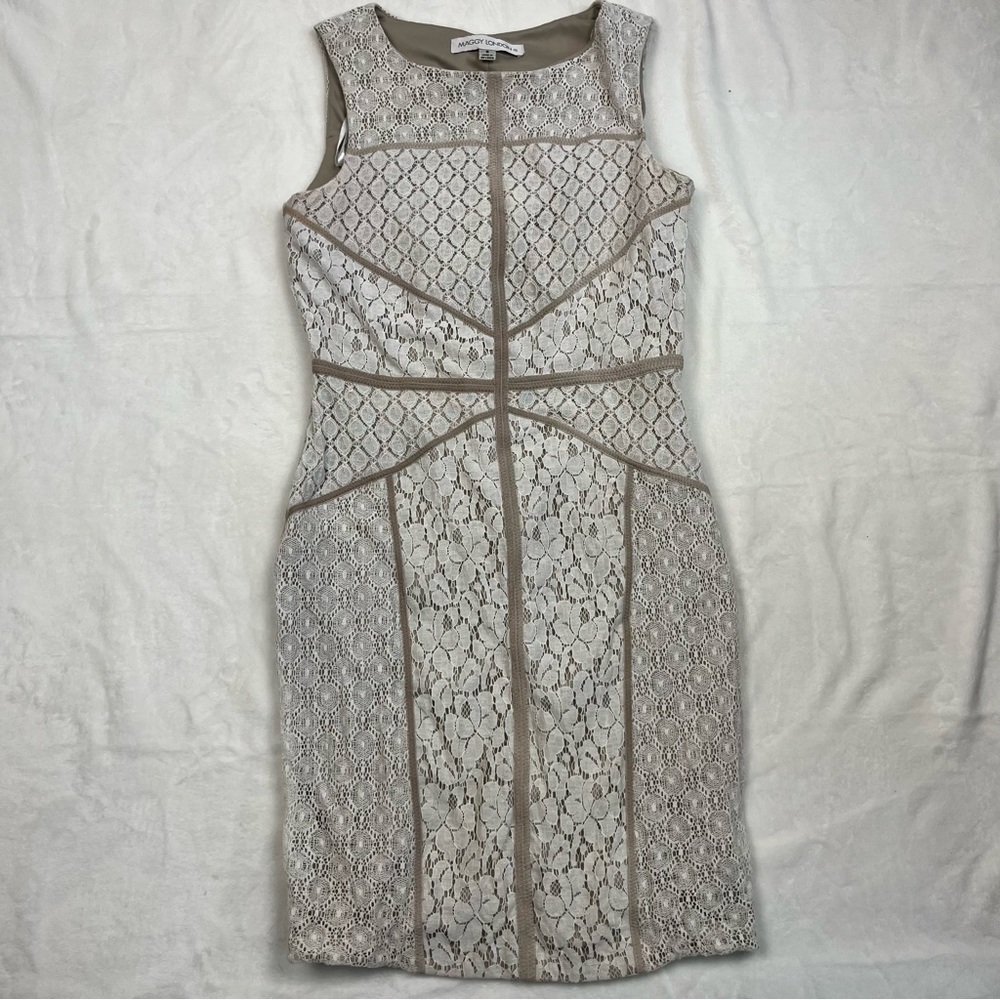 Maggy London Ivory Lace and Tan Bodycon Dress size 8 - Picture 1 of 7